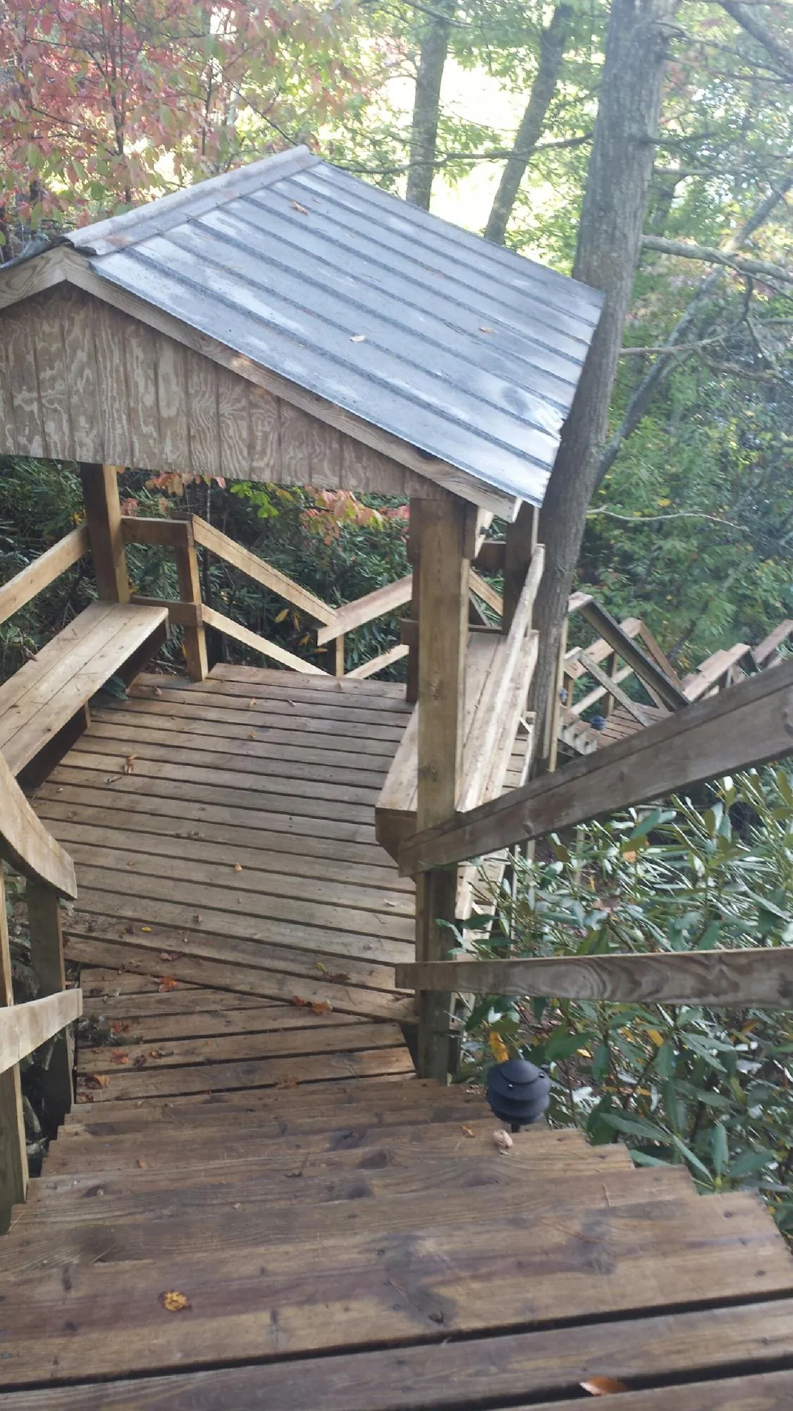 Metal roofed shelter over wooden steps on a wooded walkway — Skylight Repair & Installation work by our crew in Centerburg